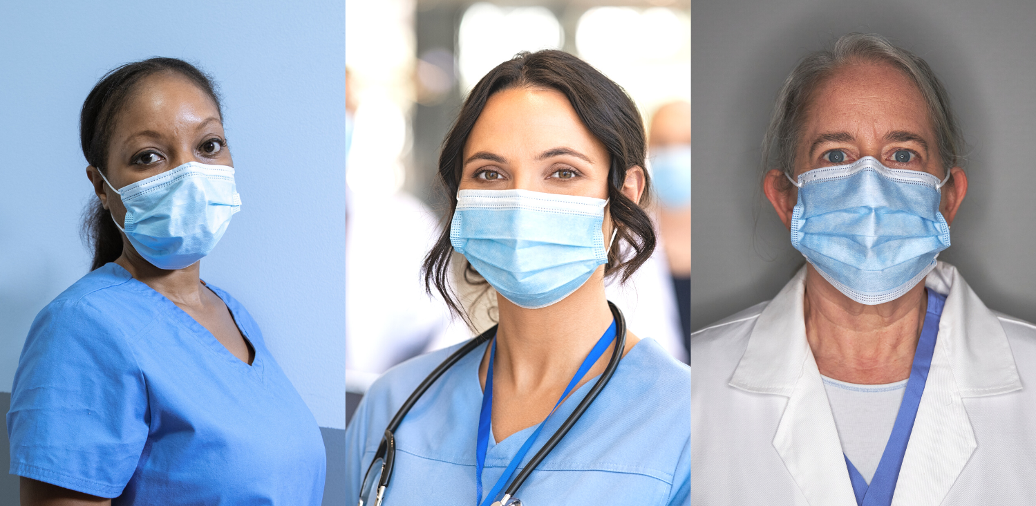 Three healthcare workers wearing masks in a mosaic.